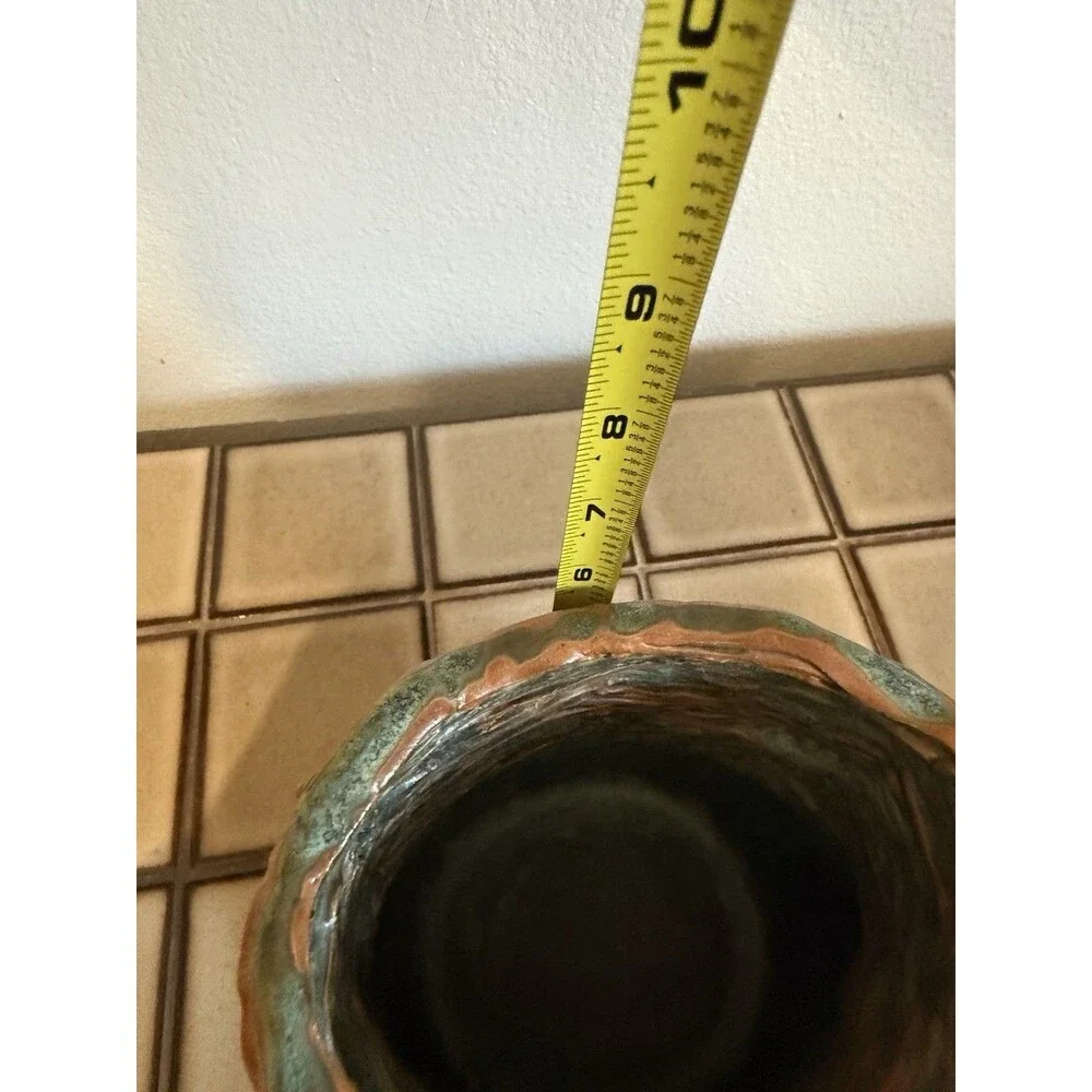 Signed JM Studio Art Pottery Vase Texture Bark Turquoise Brown Sculptural Vessel